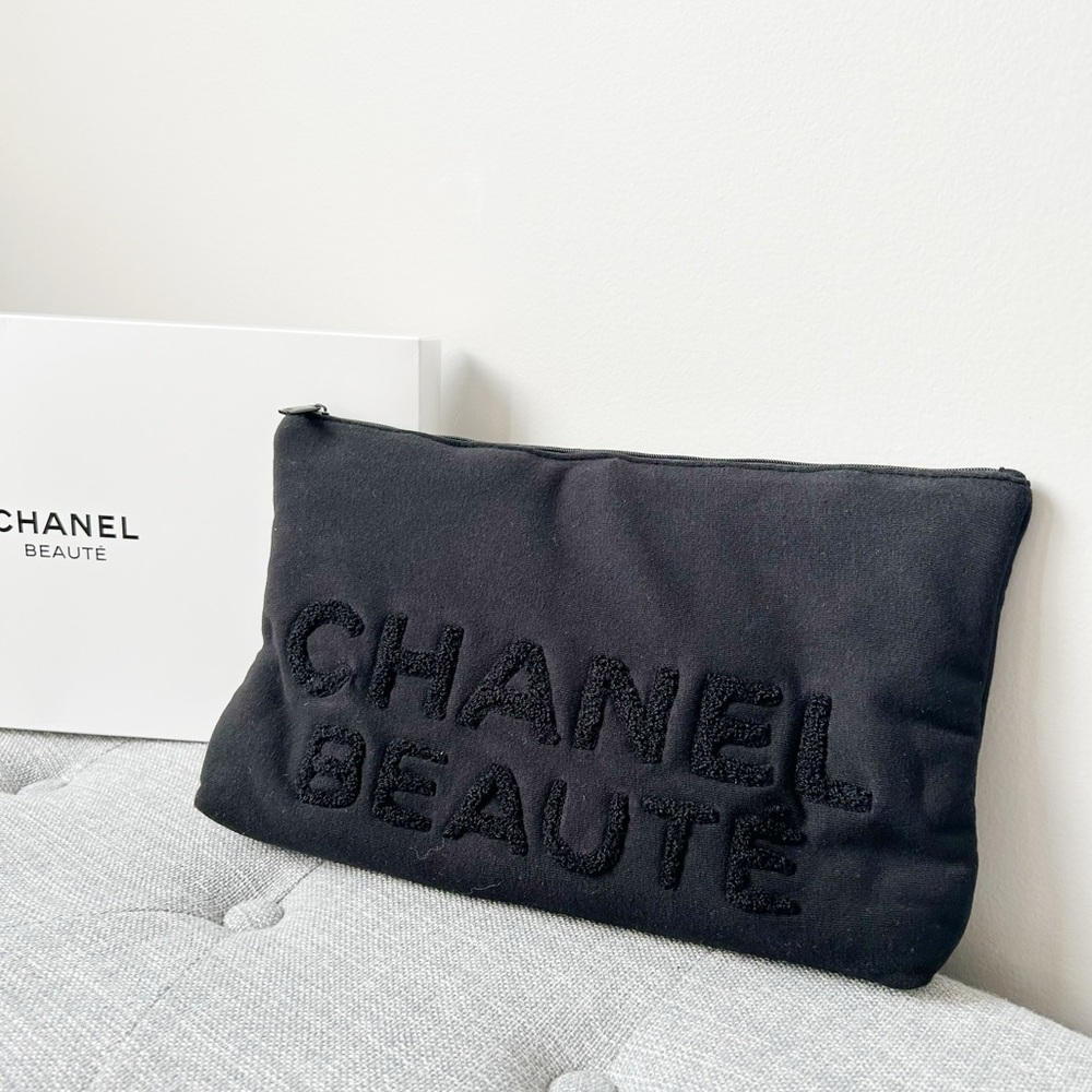 Chanel large black cotton soft beauty bag/cosmetic bag
